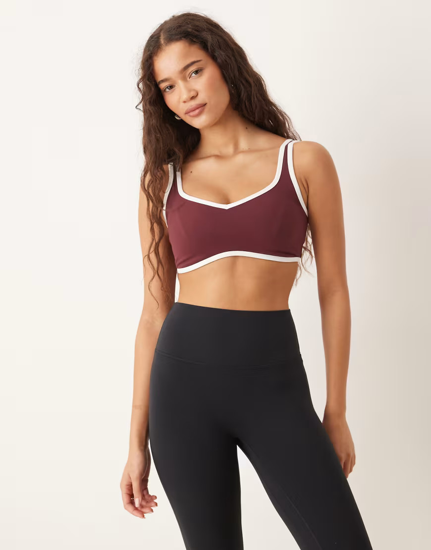 Abercrombie & Fitch YPB sweetheart contrast trim sports bra in burgundy-Red | ASOS (Global)