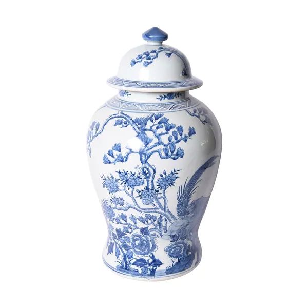 Blue & White Magnolia Pheasant Porcelain Temple Jar - 12x12x20 | Bed Bath & Beyond