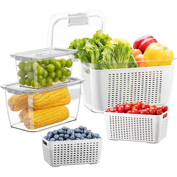 Luxear Fresh Food Storage Containers for Fridge, 4 Pack Fridge Fruit Storage Container 5.8L+4L+1.7L+0.5L Fresh Produce Saver BPA Free With Vents, Vegetable Lettuce Salad Fruit Container for Fridge | Amazon (UK)