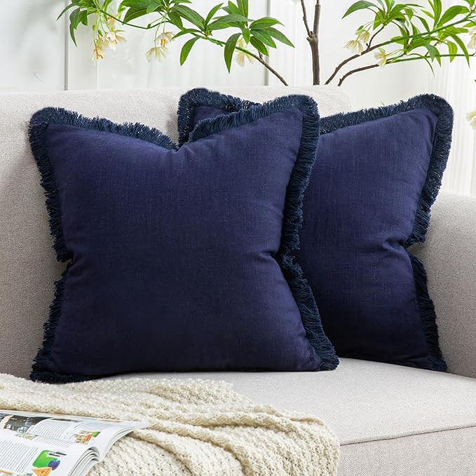 Set of 2 Fringe Throw Pillow Covers with Tassel Trim for Farmhouse Living Room,Soft Cotton & Cozy... | Amazon (US)