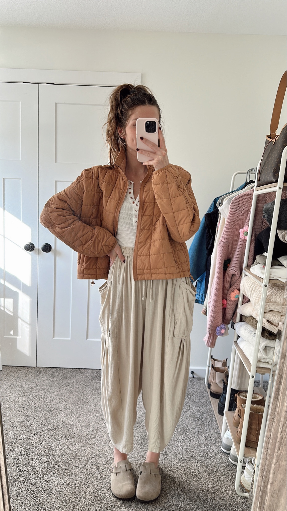 wearing small in puffer jacket,  color from last year but a few in stock
Wearing small in henley, all functional buttons
wearing small in pants, comfy flowy fit
Birkenstock in stock

Comfortable to nurse in
Postpartum 
Casual fall outfit

#LTKSeasonal #LTKGiftGuide