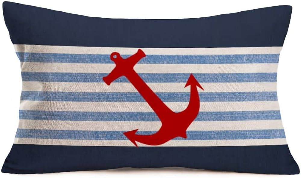 Easternproject Nautical Anchor Throw Pillow Covers 12x20 Inch Navy Blue Stripes with Red Ocean Se... | Amazon (US)