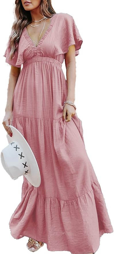 Amegoya Women's Casual Short Sleeve V Neck Floral Maxi Dresses Boho Beach Photoshoot Flowy Ruffle... | Amazon (US)