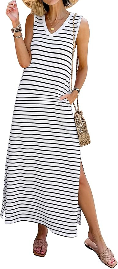 ANRABESS Womens Summer Casual V Neck Sleeveless Tank Maxi Dress Split Wrinkle-Free Beach Vacation... | Amazon (US)