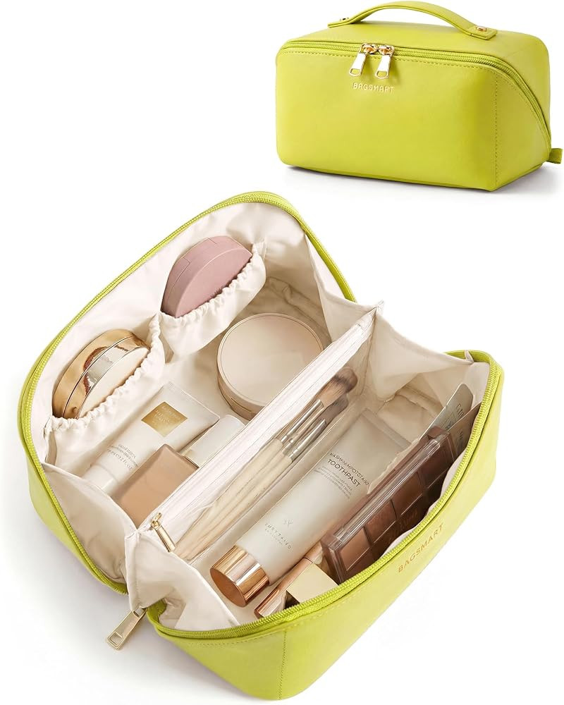 BAGSMART Makeup Bag Travel Cosmetic Bag, Large Make Up Bag Flat Open Toiletry Bag for Women, PU L... | Amazon (US)