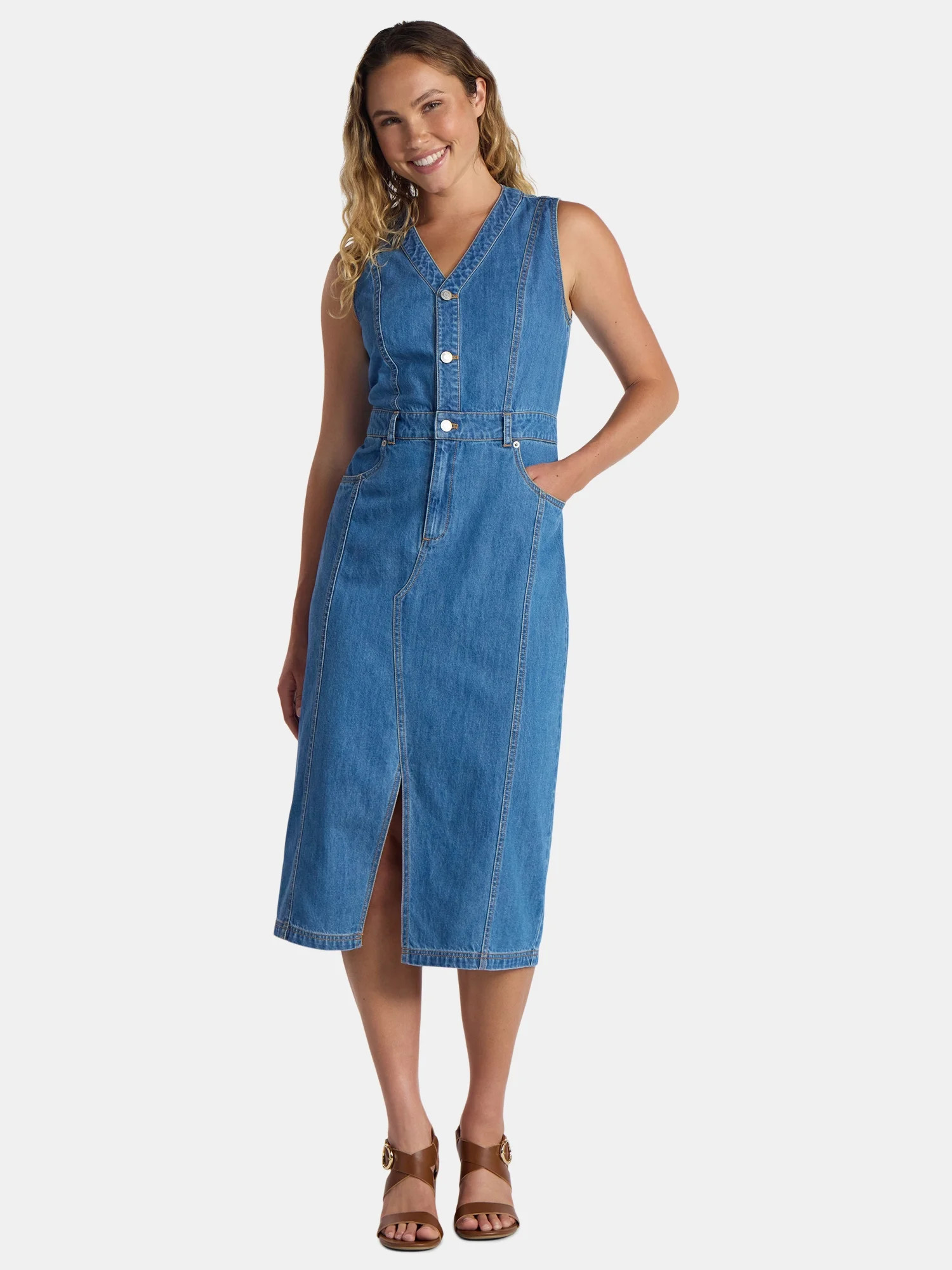 Time and Tru Women’s Sleeveless Midi Denim Shirt Dress, XS-3XL | Walmart (US)