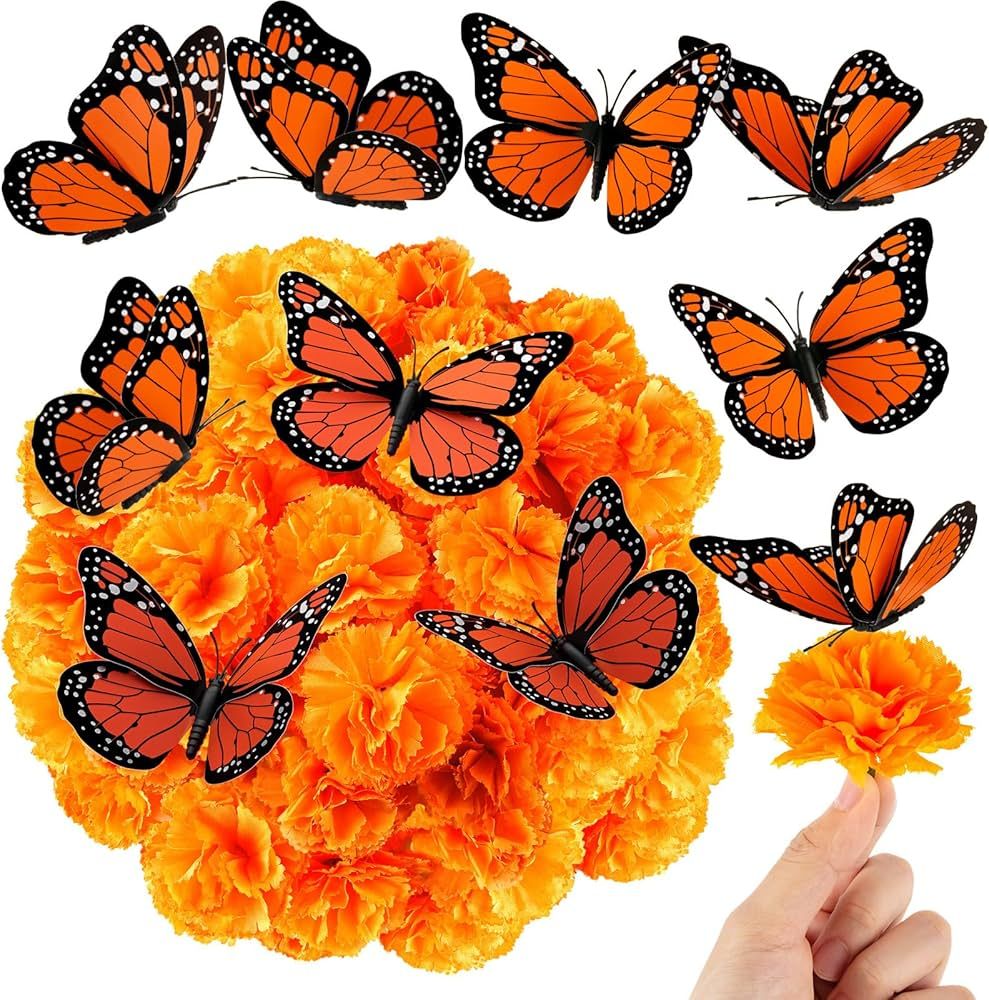 FFNIU 66pcs Marigold Flowers Heads with Monarch Butterfly Decorations, Marigold Garland for Weddi... | Amazon (US)
