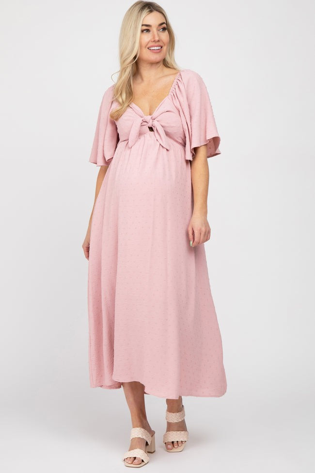 Mauve Textured Dot Front Tie Ruffle Sleeve Maternity Midi Dress | PinkBlush Maternity