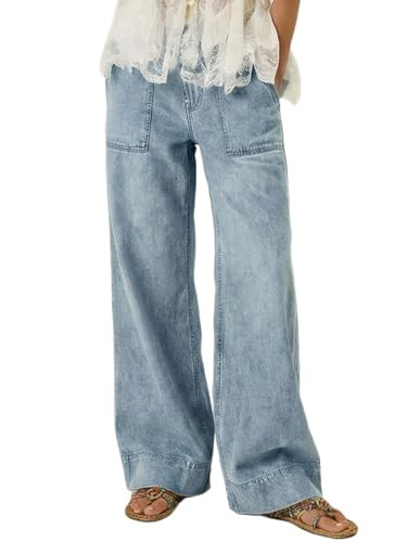 Women's Wide Leg Jeans Soft Baggy Low Mid Rise Elastic Waist Pull On Denim Pants Trendy Y2k | Amazon (US)