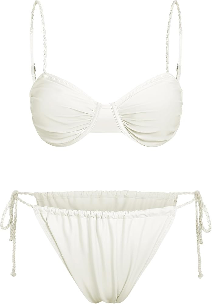 ZAFUL Women's Sexy Underwire Bikini Set Floral Ditsy Lace Smocked Swimwear Crochet Tie Sides Push... | Amazon (US)