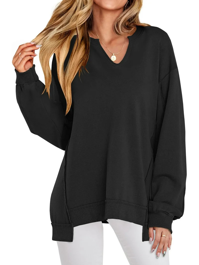 Luniro Women's Oversized Sweatshirts Long Sleeve V Neck Shirt Loose Trendy Fall Pullover Tops Siz... | Walmart (US)