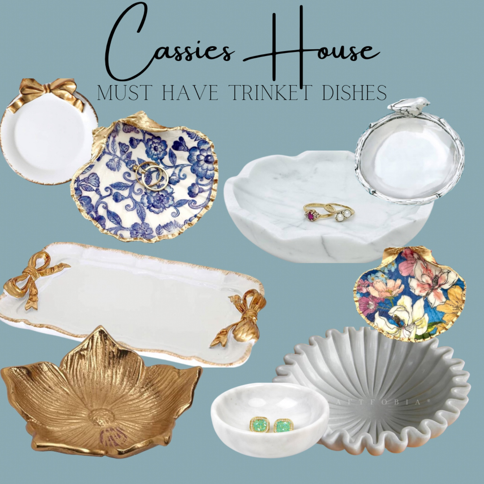 Beautiful trinket dishes. 

Marble trinket dish, brass gold trinket dish, shell trinket dish, silver trinket dish, white and brass trinket tray. 

#LTKhome #LTKGiftGuide