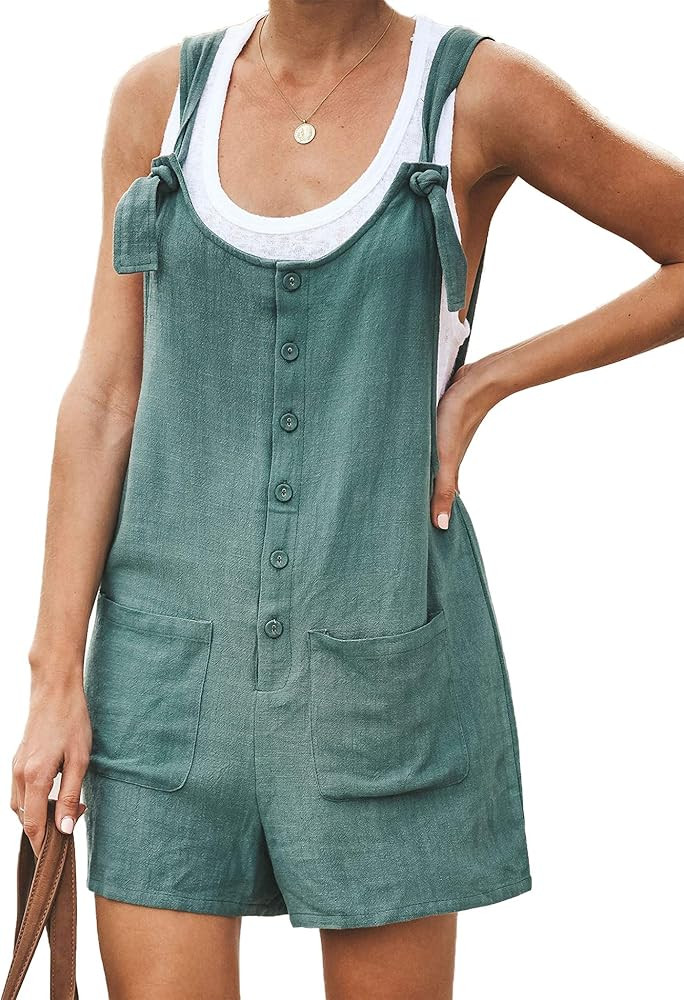 Relipop Women's Jumpsuit U-Neck Strapped Button Down Solid Color Overalls Shorts Ropmer with Pock... | Amazon (US)