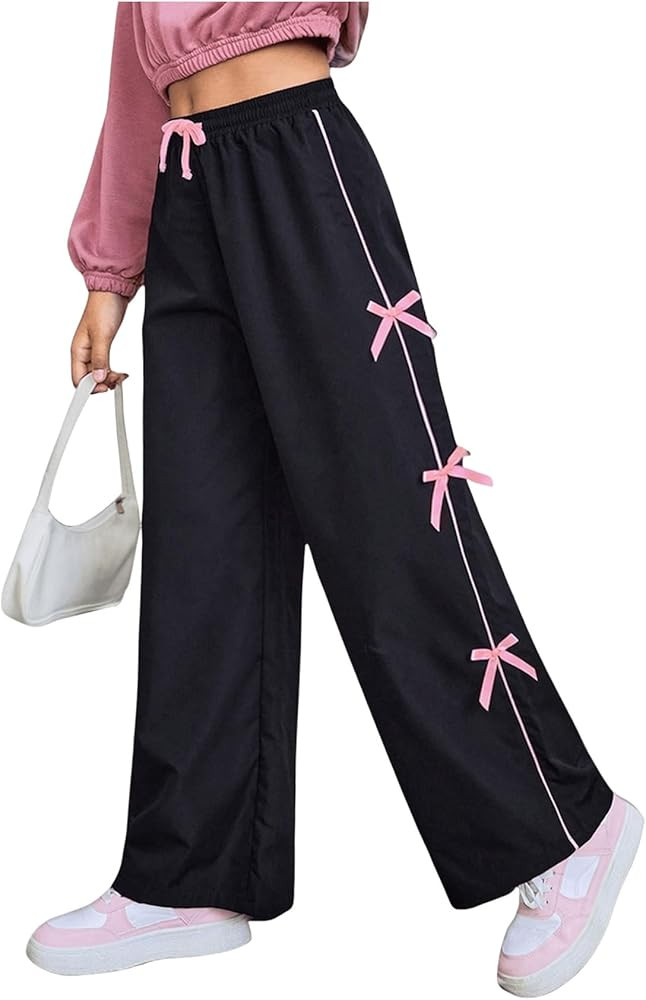 WDIRARA Girl's Bow Side Waist Track Pants Cute Wide Leg Trousers | Amazon (US)