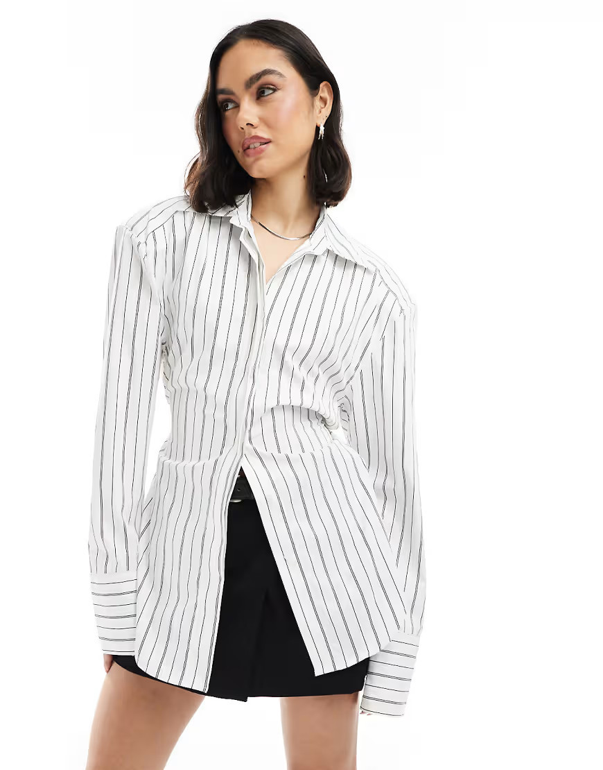 ASOS DESIGN cinched shoulder pads shirt with tie back in black pinstripe-Multi | ASOS (Global)