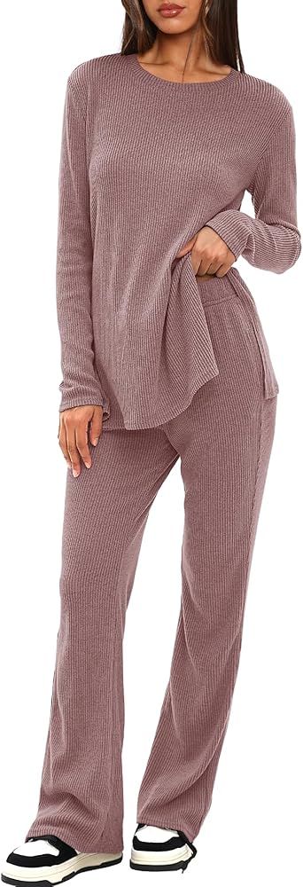 Darong Womens 2 Piece Pajamas Sets Ribbed Knit Lounge Sets Long Sleeve Top and Pants 2024 Fall Ma... | Amazon (US)