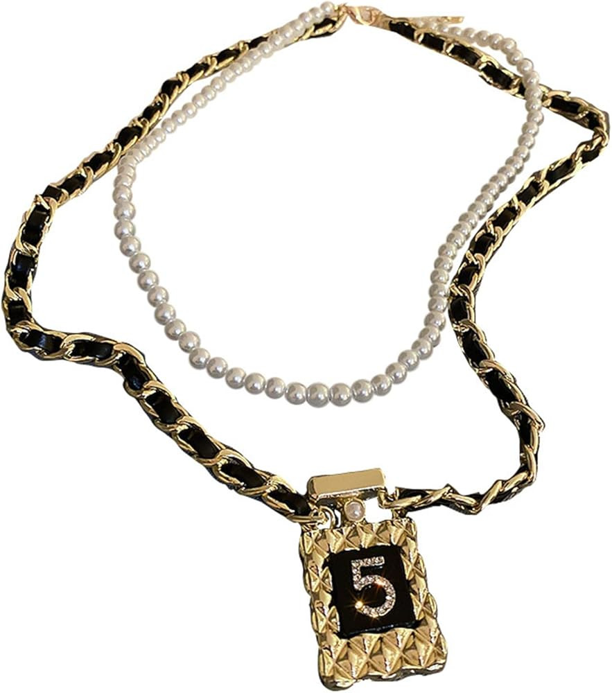 Vintage Pearl Rhinestone Necklace Letter 5 Perfume Bottle Pendant Double Layers Chain Leather Lay... | Amazon (US)