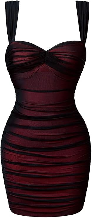 LAGSHIAN Women's Summer Sexy Bodycon Sleeveless Tank Straps Mesh Ruched Mini Party Dress | Amazon (US)