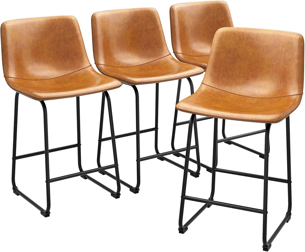 REONEY Bar Stools Set of 4, PU Leather Counter Height Bar Stools, 26" Modern Bar Stools with Meta... | Amazon (US)