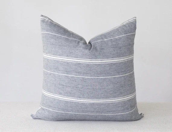Blue Grey Pillow Cover, Cotton Pillow Cover Farmhouse, Striped Pillow Covers, Grey Blue Pillow Co... | Etsy (US)