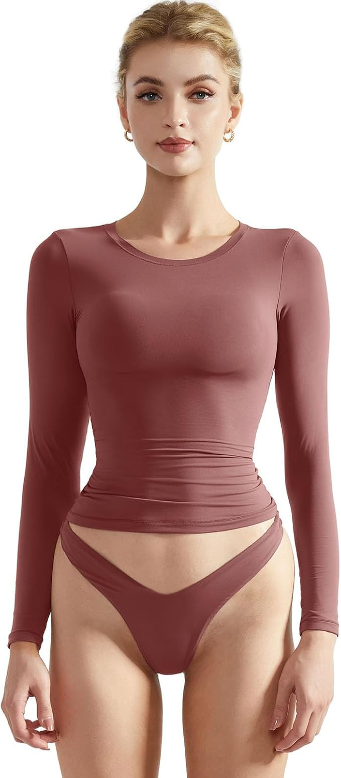 SUUKSESS Women Double Lined Fitted Basic T Shirts Crew Neck Long Sleeve Crop Top | Amazon (US)