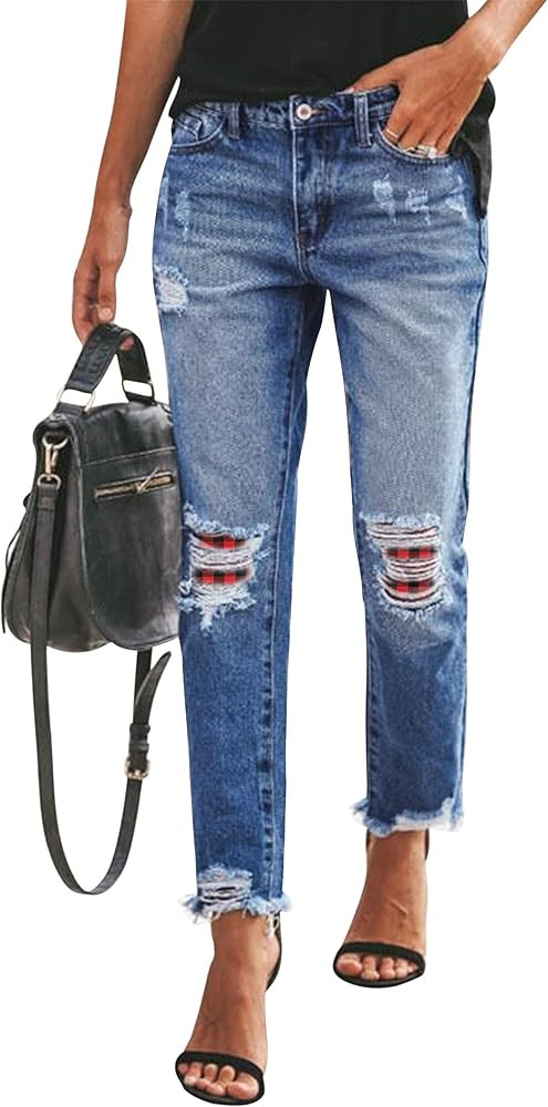 POTILI Womens Boyfriend Jeans High Waisted Casual Ripped Denim Pants for Teen Girl with 5 Pockets | Amazon (US)