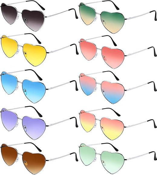 10 Pieces Heart Shaped Sunglasses Thin Metal Frame Lovely Heart Style (Silver Frame) | Amazon (US)