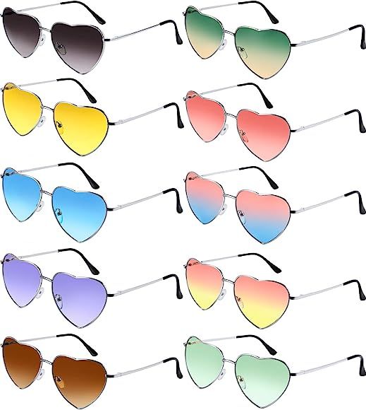 10 Pieces Heart Shaped Sunglasses Thin Metal Frame Lovely Heart Style (Silver Frame) | Amazon (US)