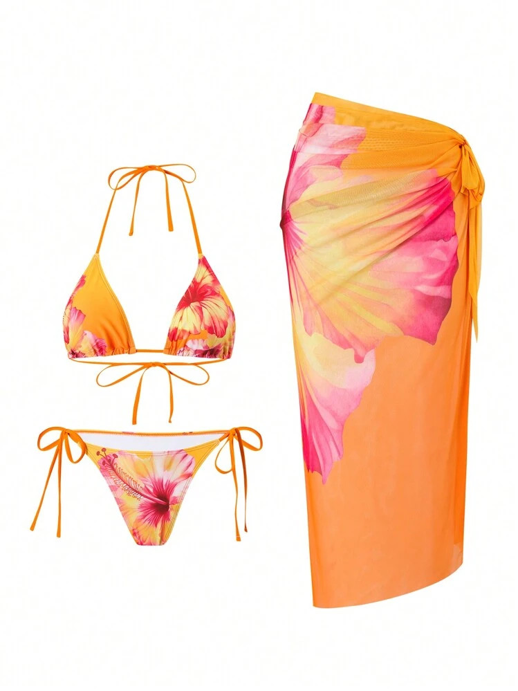 SHEIN Swim 3 Piece Women Summer Beach Outfits Include Floral Print 3D Top, Tie-Front Bikini Botto... | SHEIN
