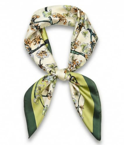 corciova Silky Satin Square Scarf for Women, 27.5" Polyester Floral Branch Print Neck Hair Headscarf, Green/Off White (70x70 cm) | Amazon (US)