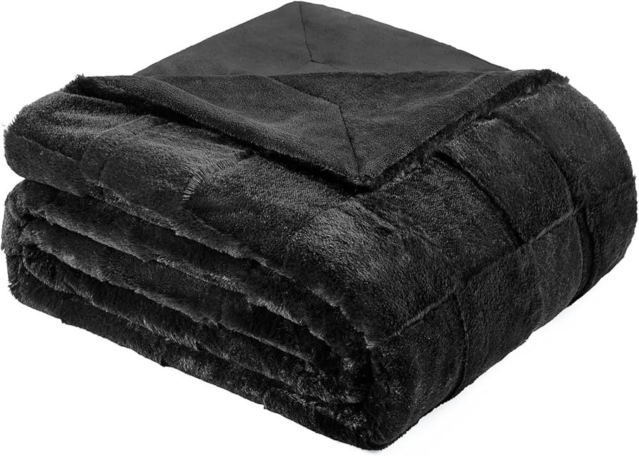 Cozy Bliss Checkered Faux Rabbit Fur Black Throw Blanket, Lightweight Fleece Soft Fuzzy Fluffy Mi... | Amazon (US)