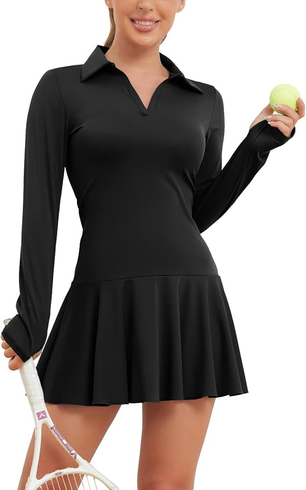 ECUPPER Women Long Sleeve Tennis Dress Polo Collared Workout Dress V Neck Athletic Golf Dresses w... | Amazon (US)