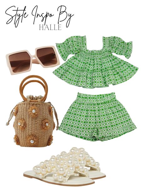 Elizabeth Wilson design 
Polly set 
Green summer set 
Floral bag 
Pearl sandals 
Sunglasses 

#LTKFind #LTKstyletip #LTKSeasonal
