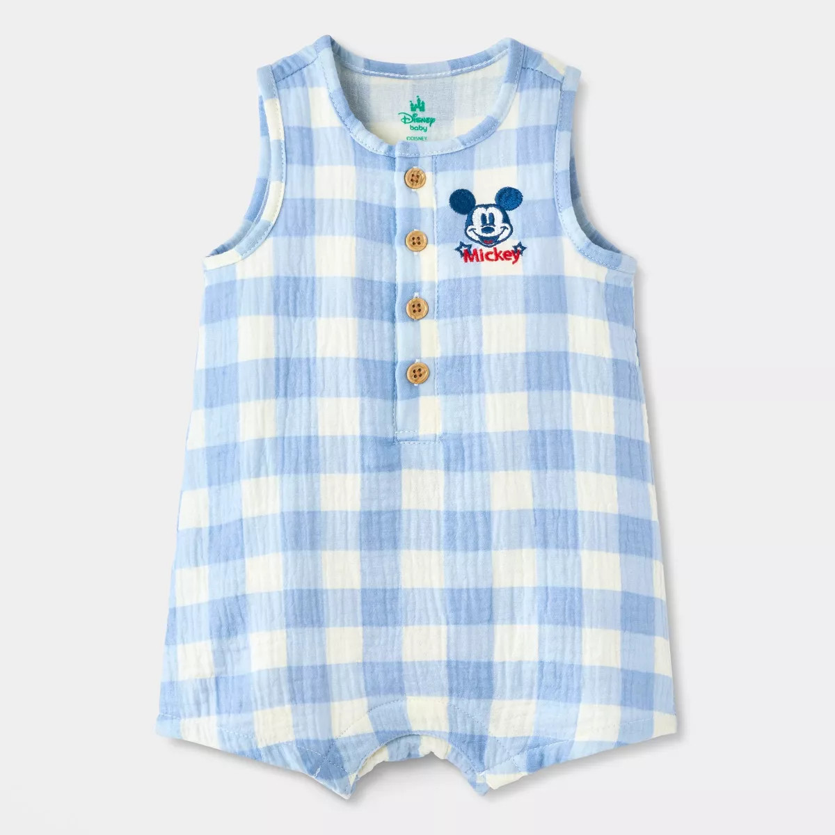 Baby Boys' Disney Mickey Mouse Americana Gingham Romper - Light Blue 6-9M | Target