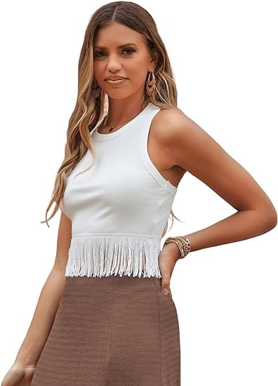 SweatyRocks Women's Casual Sleeveless Stretchy Ribbed Knit Shirt Racerback Crop Fringe Tank top | Amazon (US)