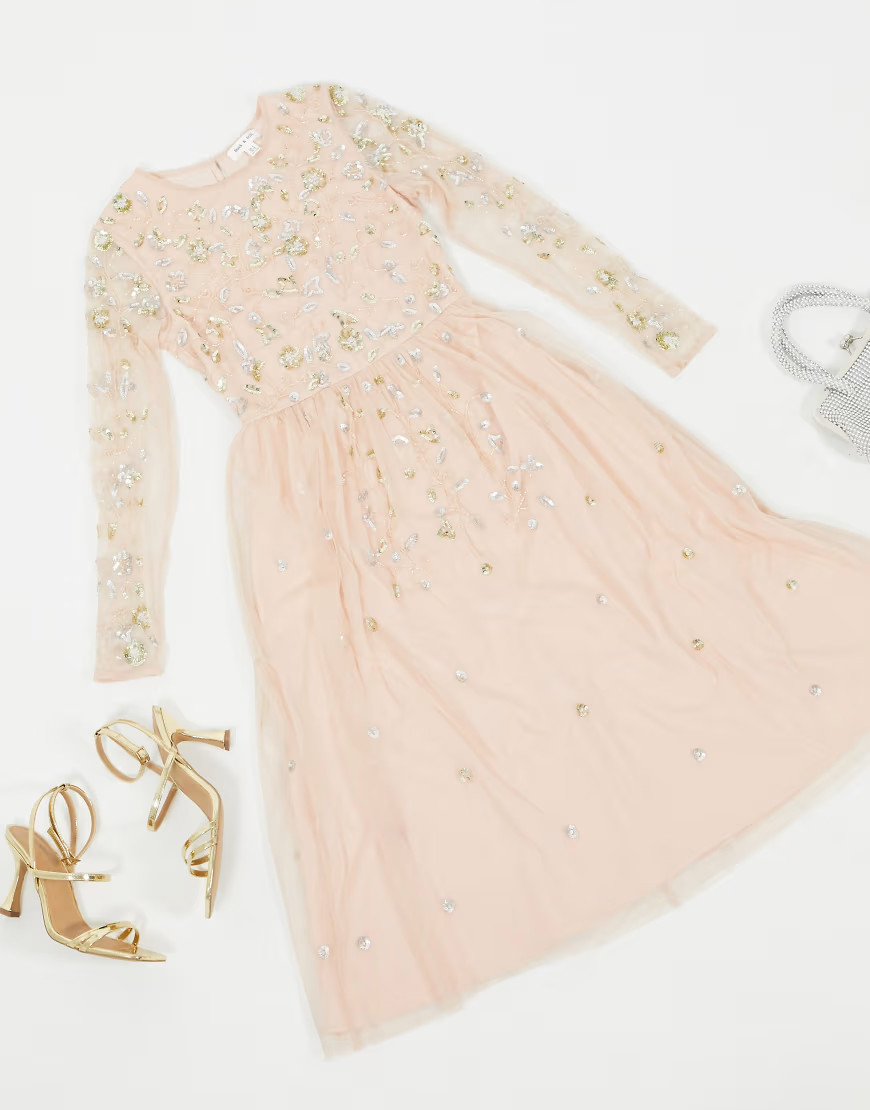 Frock & Frill embellished long sleeve midi dress in blush-Pink | ASOS (Global)