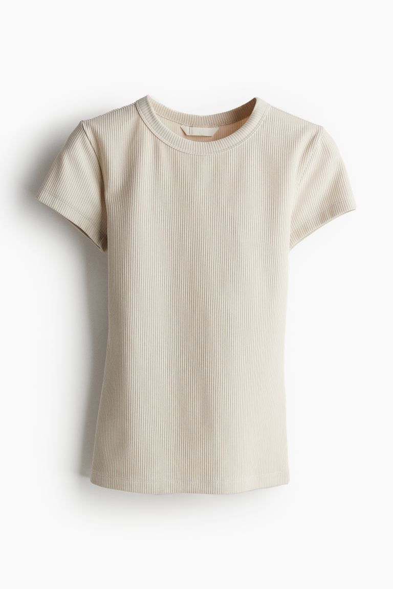 Ribbed T-shirt - Round neck - Short sleeve - Light beige - Ladies | H&M GB | H&M (UK, MY, IN, SG, PH, TW, HK)