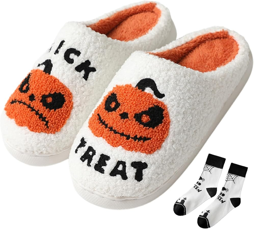FOCUSIN Halloween Pumpkin House Slippers for Women - Fluffy Soft Cozy Bedroom Spooky Shoes for In... | Amazon (US)