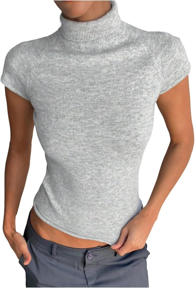 GORGLITTER Women's Short Cap Sleeve Cropped Sweater Y2k Casual Lightweight Turtleneck Sweaters | Amazon (US)