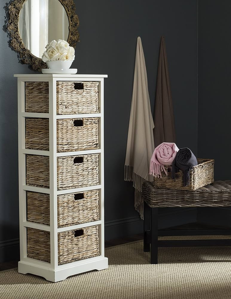 SAFAVIEH Home Collection Vedette Distressed White 5-Drawer Wicker Basket Storage Tower (Fully Ass... | Amazon (US)