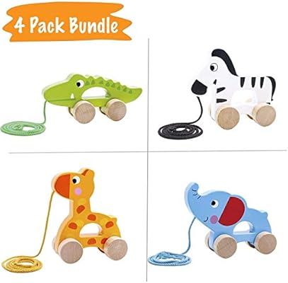 Pidoko Kids Pull Along Walking Toys - Bundle Toy Gift Packs Set of 4 Animals - Giraffe, Zebra, El... | Amazon (US)