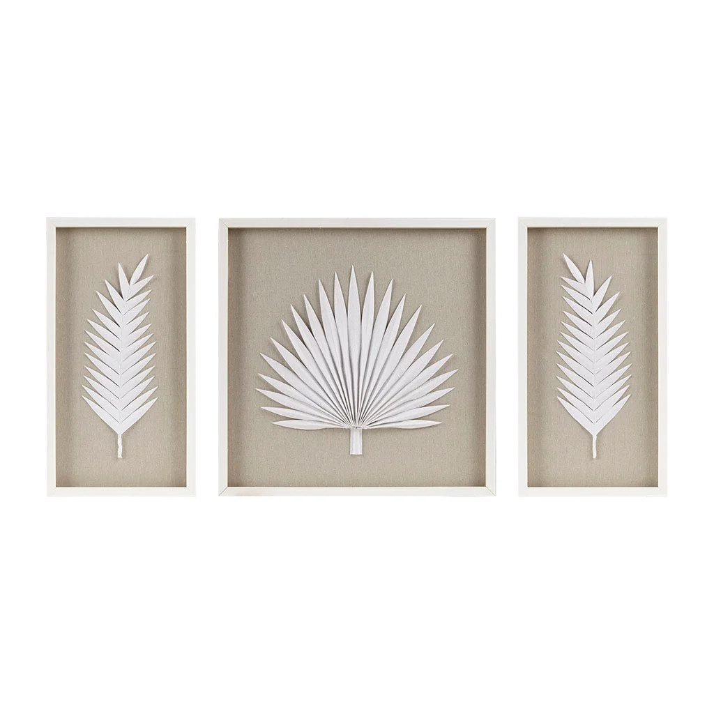 Sabal Framed Rice Paper Palm Leaves 3-Piece Shadowbox Wall Decor Set In Off White | 1stopbedrooms