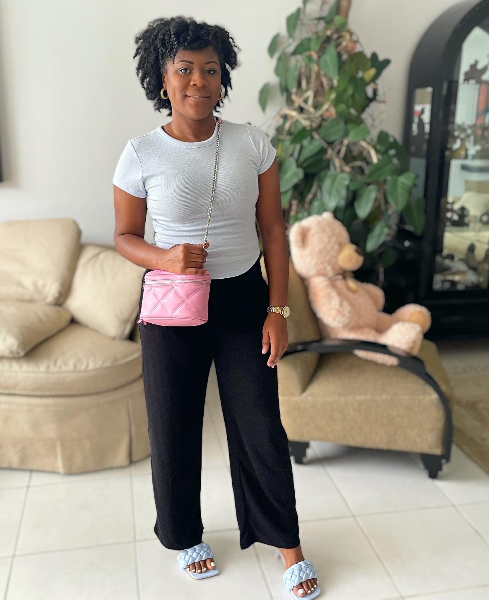 Casual day summer outfit - blue ribbed cropped top over a black bodysuit, black wide leg pants, pink body strap bag + blue braided heels 

#LTKunder50 #LTKstyletip #LTKSeasonal