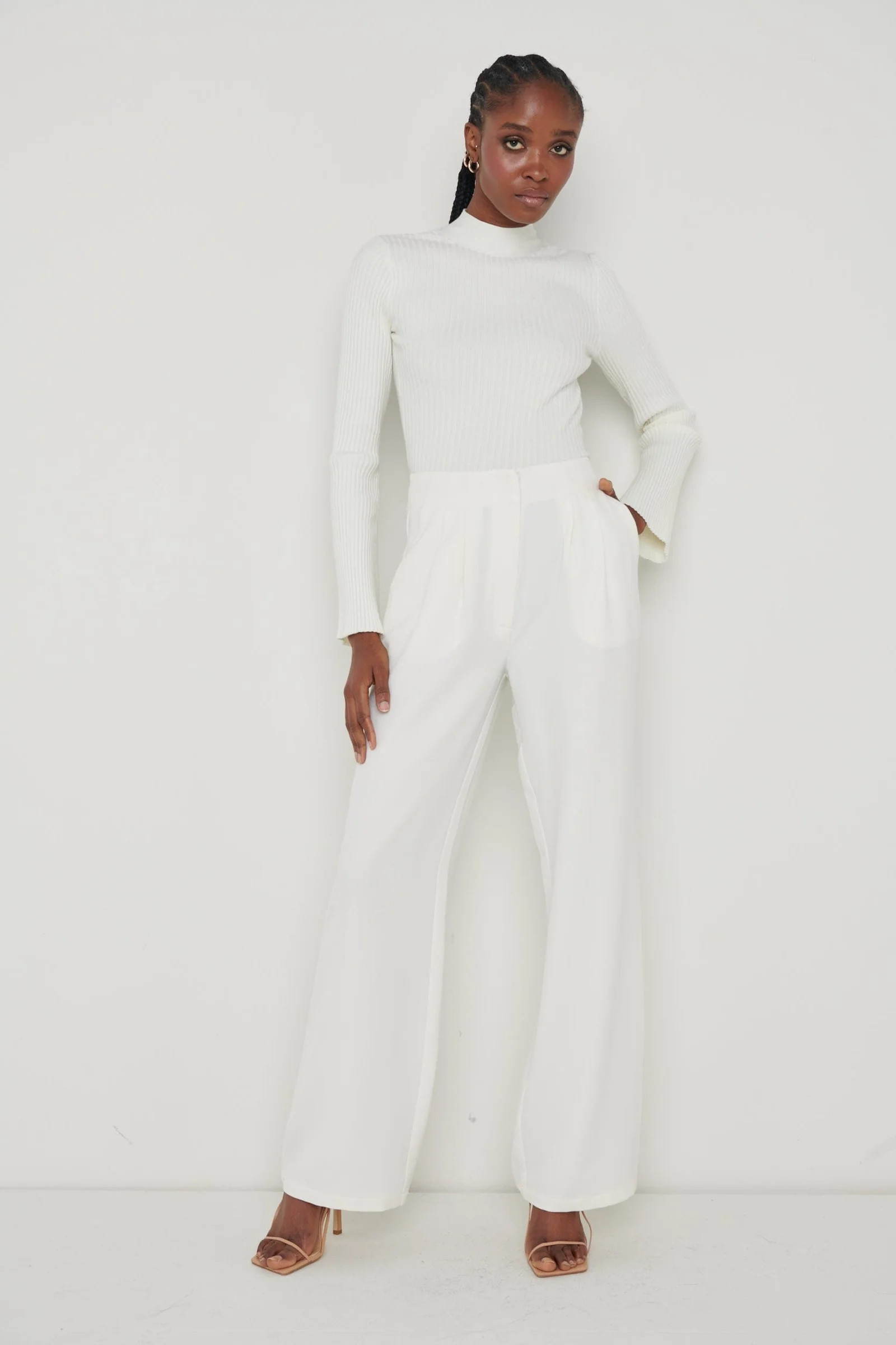 Parker High Waisted Box Pleat Trouser - Cream | Pretty Lavish (UK)