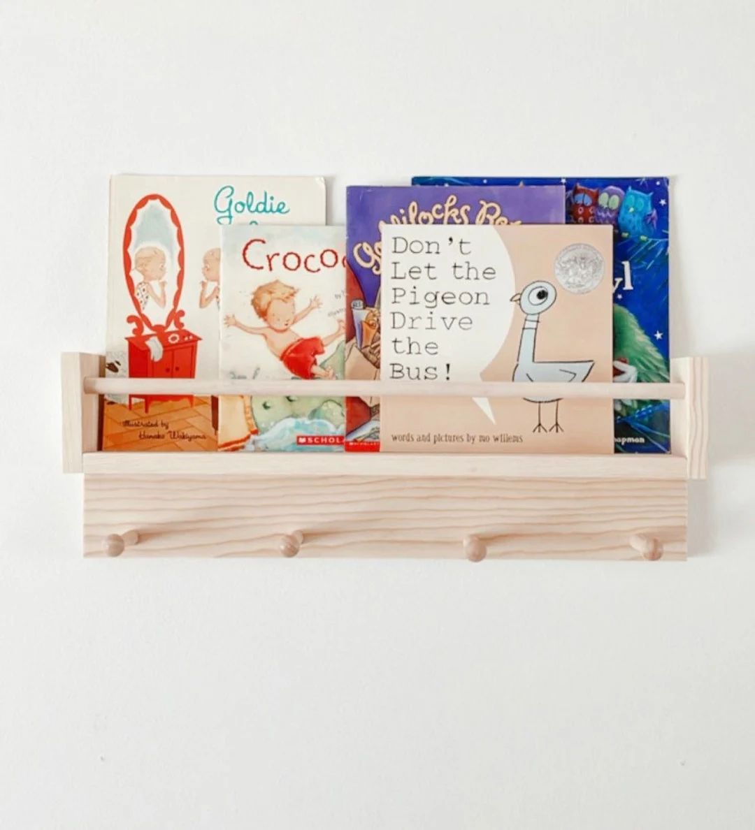 Nursery Bookshelf With Pegs. Single Book Ledge. Hanger. Hooks. - Etsy | Etsy (US)