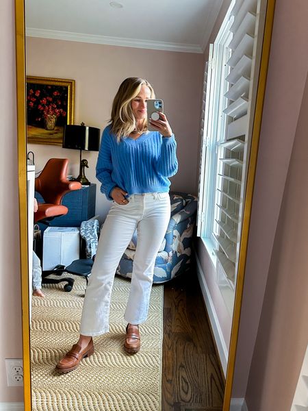 These white jeans are a must have for spring outfits! These run true to size and have just a little stretch. I pair them with a light sweater and loafers or white sneakers for finicky spring weather and then tanks and sandals for summer outfits  

Loafers are TTS. Sweater is out of stock in blue but linked in other colors, both of which would be pretty paired with white for a monochromatic look. I also linked a similar blue sweater from another brand I like to recreate this look. 

#LTKSeasonal #LTKover40 #LTKstyletip