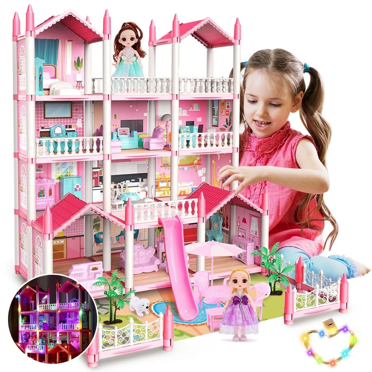 JoyStone Play Dollhouse with Doll Toy Figures, 14 Rooms Furniture and Colorful Lights, Creative D... | Walmart (US)