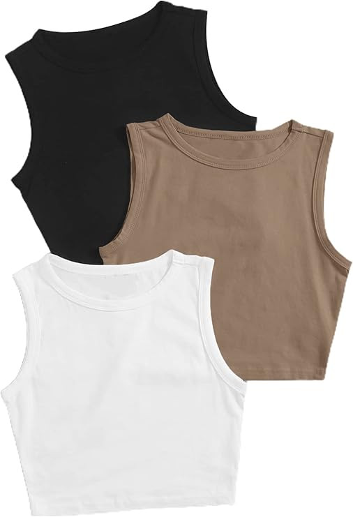 SheIn Women's 3 Piece Ribbed Knit Crop Tank Top Round Neck Sleeveless Racerback Cami Crop Tops | Amazon (US)