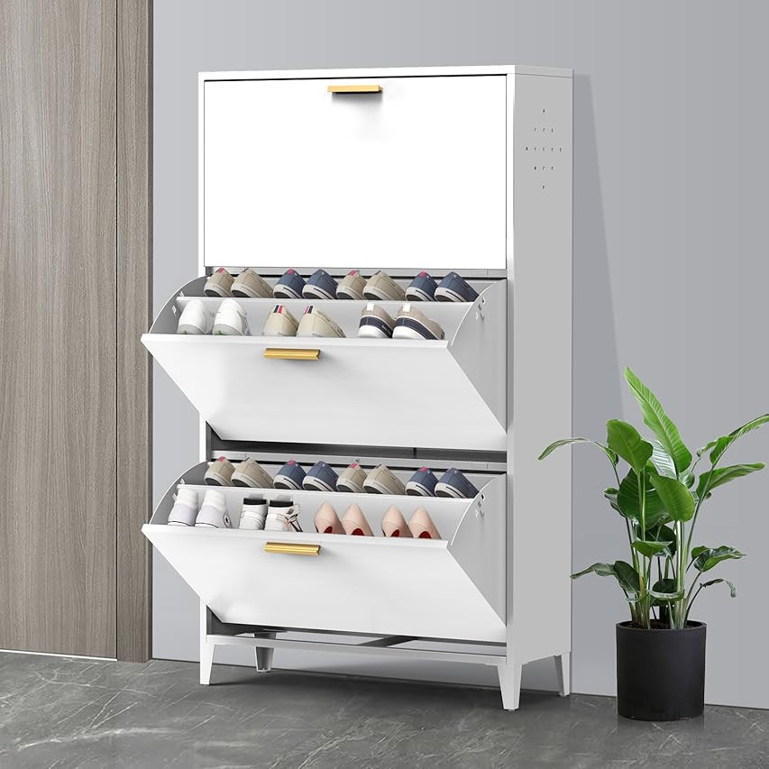 Metal Shoe Cabinet with 3 Flip Drawers, Wall Mounted & Upright Narrow Shoe Storage Organizer with Ad | Amazon (US)