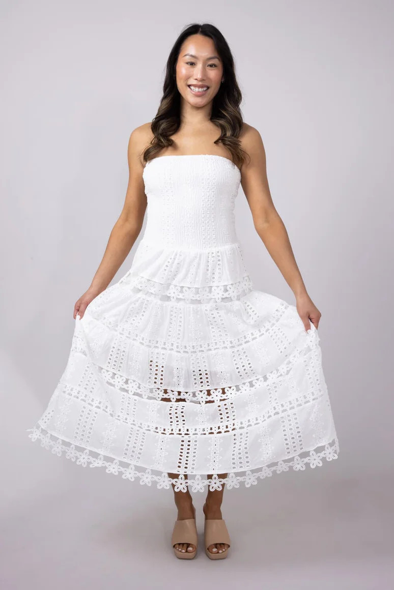 Eyelet Lace Strapless Midi Dress for Women in White | Glik's